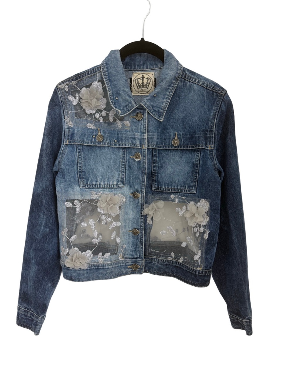 Miss distressed custom embroidered floral lace denim jacket size Small